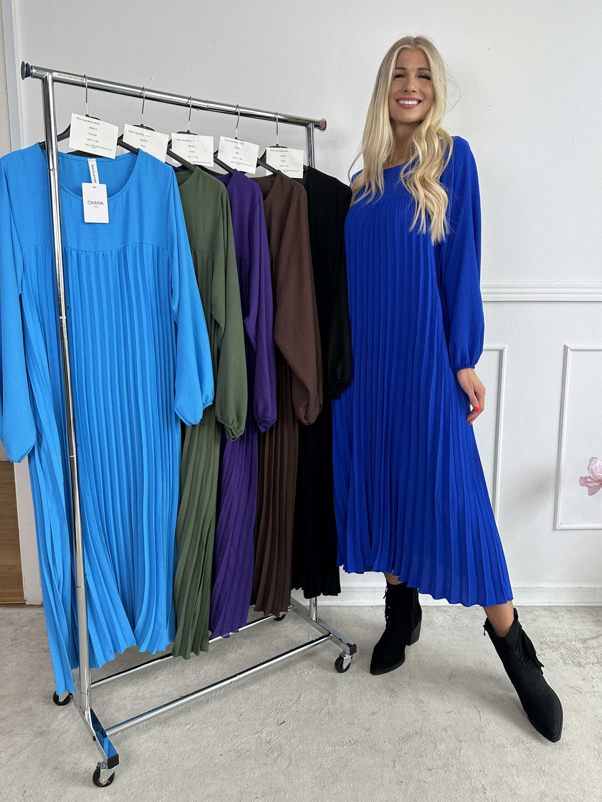 Katrina Long Sleeve - Lange jurk met plooien en zakken