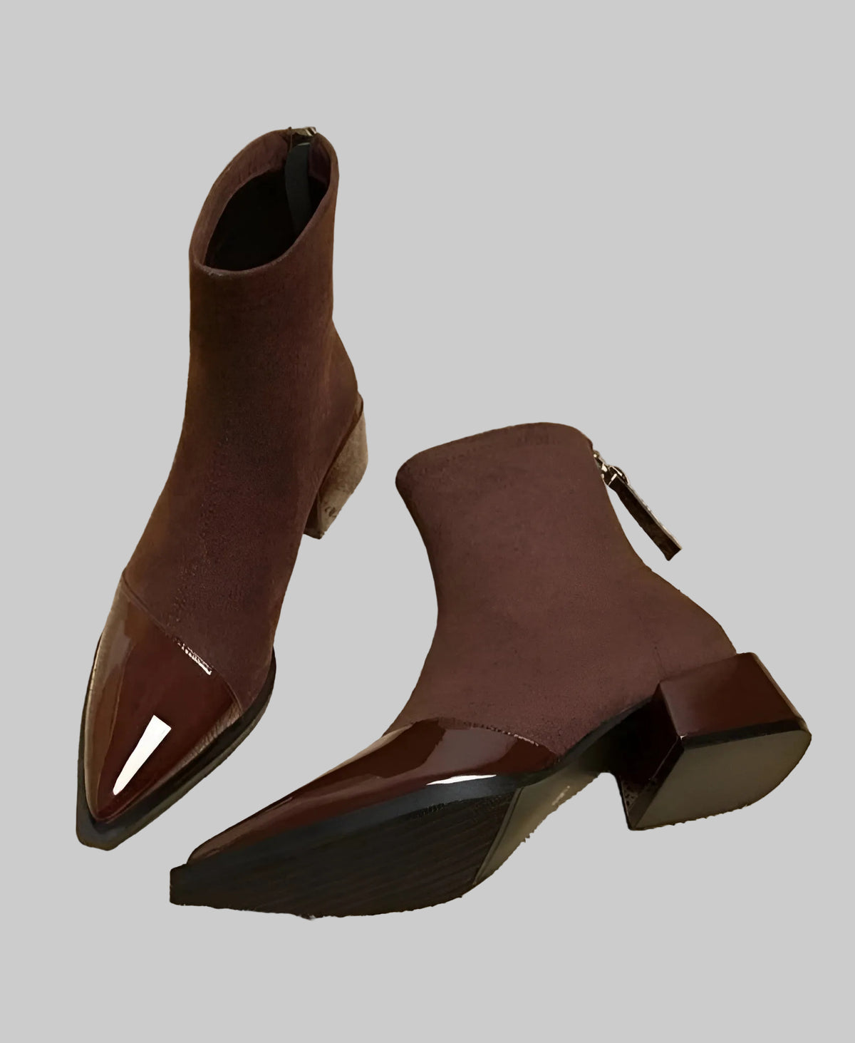 Bottines Dames Daim Talon Bloc Vernis Details Elegant